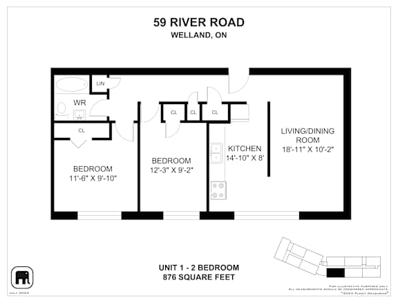 A floor plan for a unit at 59 River Road, Welland, ON, showing two bedrooms, a living/dining room, a kitchen, a laundry room, and a work room.