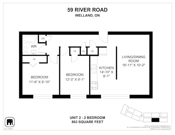 A black and white image of a floor plan for a two bedroom apartment.