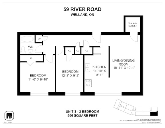 A black and white image of a floor plan for a 2 bedroom apartment.