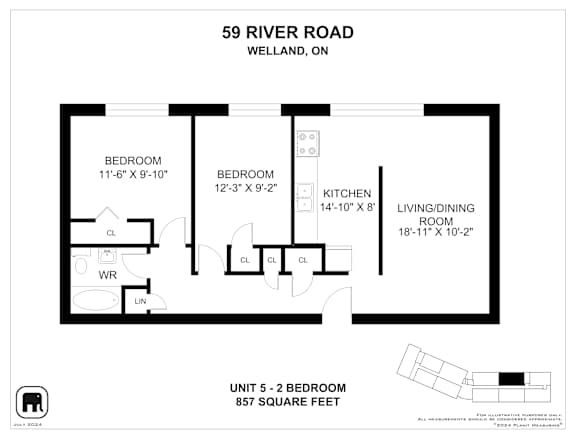 A floor plan for a two bedroom apartment at 59 River Road, Welland, ON.