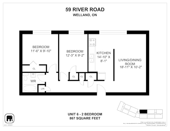 A black and white image of a floor plan for a 2 bedroom apartment.