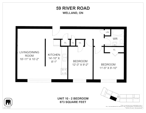 A floor plan for a 2 bedroom apartment at 59 River Road, Welland, ON.