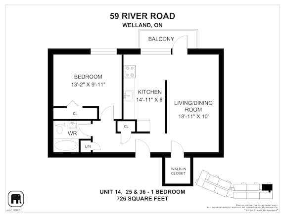 A floor plan for a 1 bedroom apartment at 59 River Road Welland, Ontario.