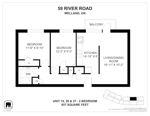 A floor plan for a unit at 59 River Road in Welland, Ontario.