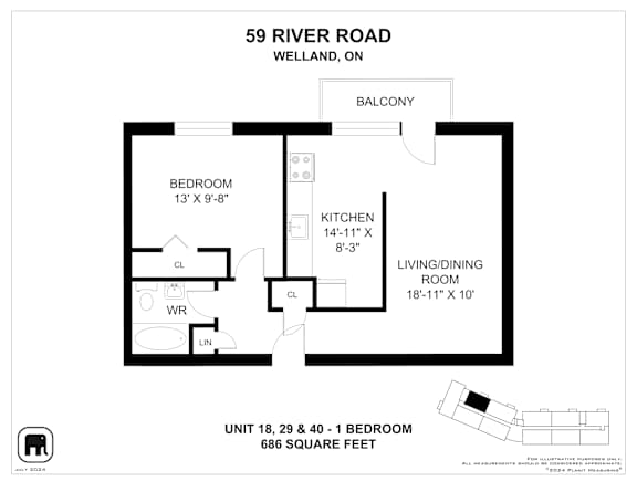 A floor plan for a unit at 59 River Road in Welland, Ontario, showing a bedroom, kitchen, and living/dining room.