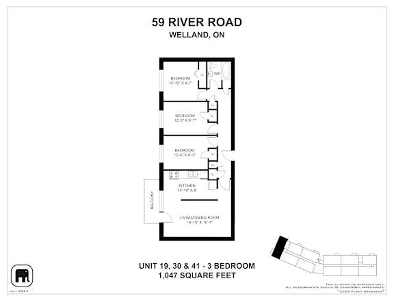 A black and white image of a floor plan for a unit at 59 River Road, Welland, ON.