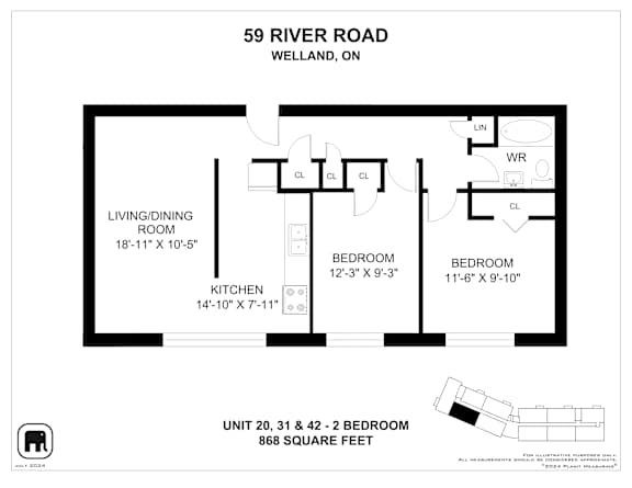 A floor plan for a two bedroom apartment at 59 River Road, Welland, ON.
