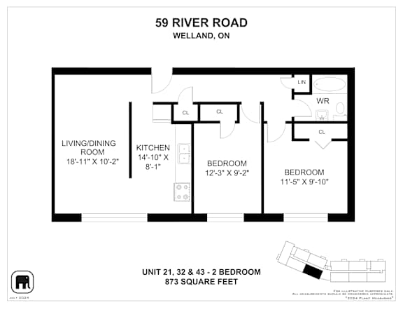 A floor plan for a unit at 59 River Road in Welland, Ontario, showing a living/dining room, kitchen, and two bedrooms.