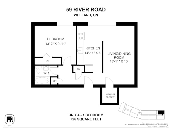 A floor plan for a 1 bedroom apartment at 59 River Road, Welland, ON.