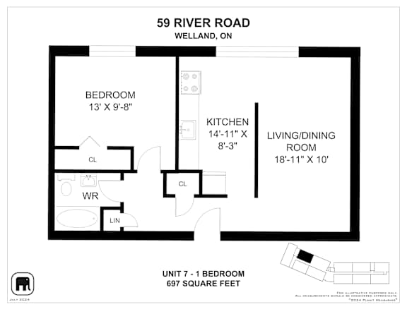 A floor plan of a one bedroom apartment at 59 River Road, Welland, ON.