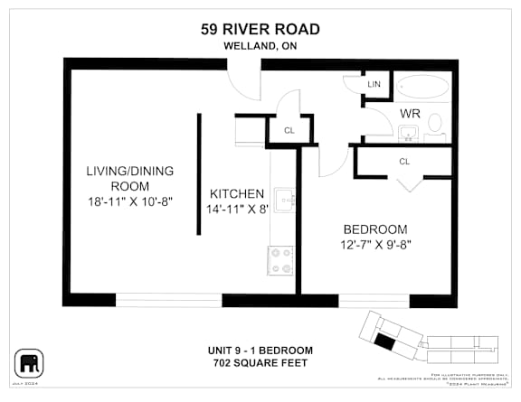 A floor plan for a 1 bedroom apartment at 59 River Road, Welland, ON.