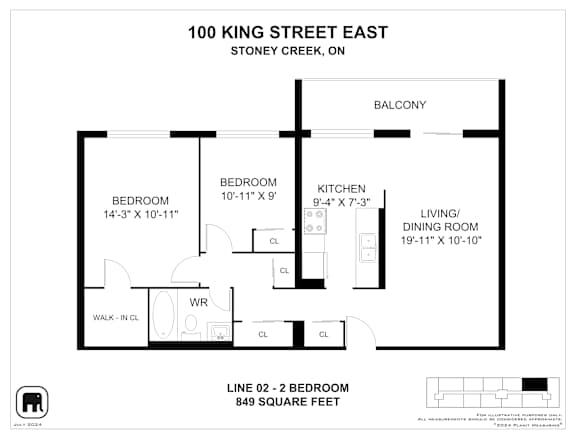 A floor plan for a home at 100 King Street East shows the layout of the bedrooms, living room, kitchen, and balcony.