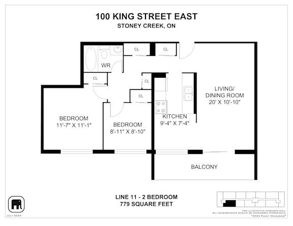 A floor plan for a property at 100 King Street East shows the layout of the bedrooms, living and dining room, kitchen, and balcony.