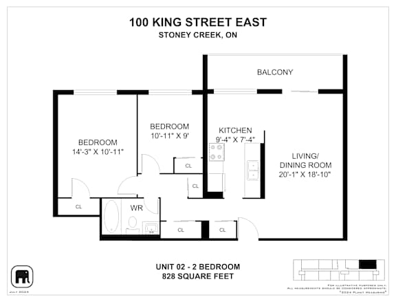 A floor plan for a 2 bedroom apartment at 100 King Street East.