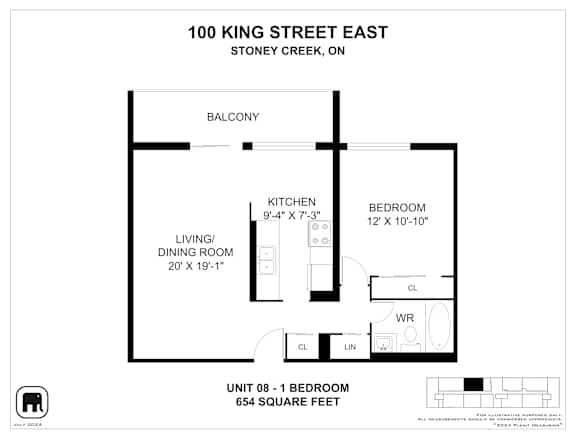A black and white image of a floor plan for a 1 bedroom apartment.