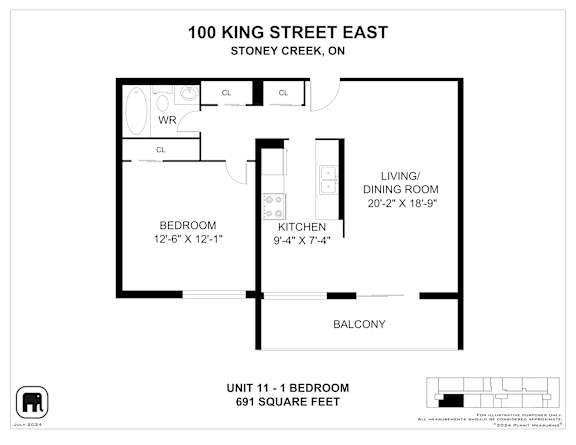 A floor plan for a unit at 100 King Street East in Stoney Creek, Ontario.