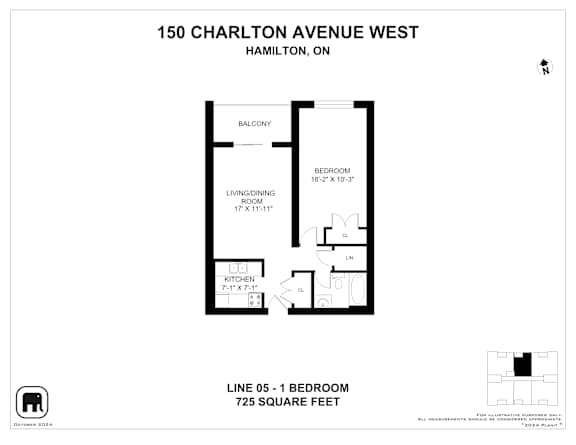 A floor plan for a 1 bedroom apartment at 150 Charlton Avenue West, Hamilton, ON.