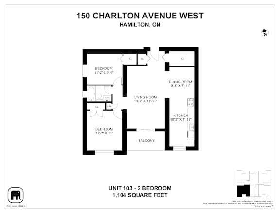 A black and white image of a floor plan for a 2 bedroom apartment.