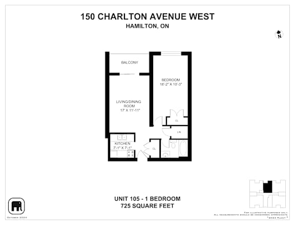 A floor plan for a 1 bedroom apartment at 150 Charlton Avenue West, Hamilton, ON.