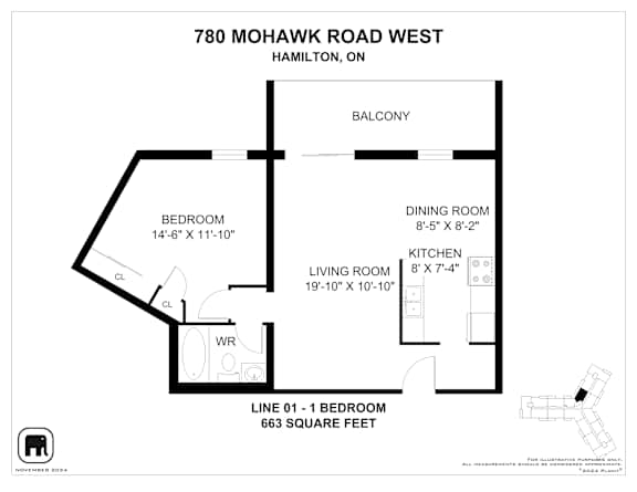 A floor plan for a one bedroom apartment at 780 Mohawk Road West, Hamilton, ON.