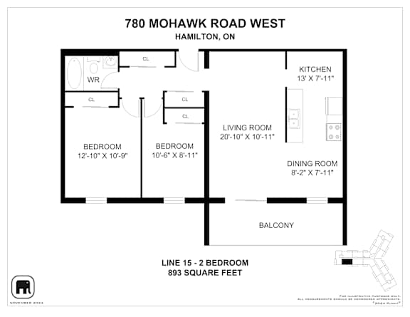 A floor plan for a home at 780 Mohawk Road West in Hamilton, ON, showing the layout of the bedrooms, living room, kitchen, dining room, and balcony.