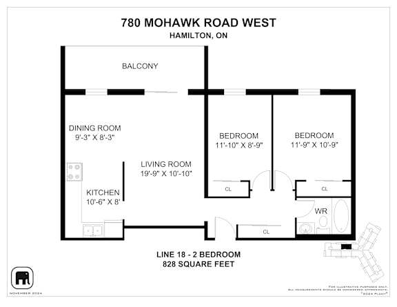 A floor plan for a home at 780 Mohawk Road West in Hamilton, ON, showing the layout of the bedrooms, living room, kitchen, and balcony.