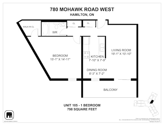 A floor plan for a unit at 780 Mohawk Road West in Hamilton, ON, showing a bedroom, living room, dining room, kitchen, and balcony.