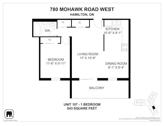 A floor plan for a unit at 780 Mohawk Road West, Hamilton, ON, showing a bedroom, living room, dining room, kitchen, and balcony.
