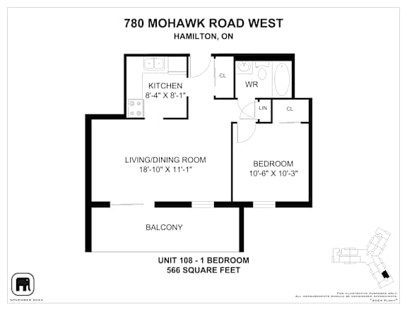 A floor plan for a unit at 780 Mohawk Road West in Hamilton, Ontario, Canada.
