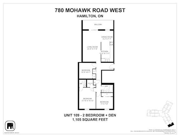 A drawing of a floor plan for a unit at 780 Mohawk Road West, Hamilton, ON.