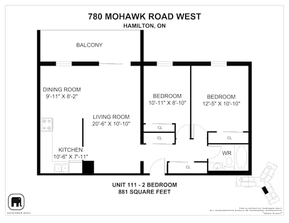 A floor plan for a unit at 780 Mohawk Road West in Hamilton, Ontario.