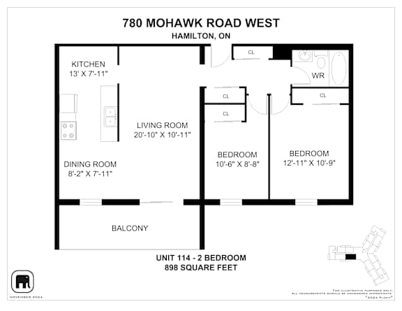 A floor plan for a unit at 780 Mohawk Road West in Hamilton, ON, showing a living room, two bedrooms, a dining room, a kitchen, a balcony, and a laundry room.