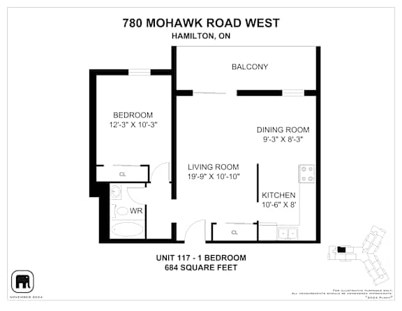 A floor plan for a unit at 780 Mohawk Road West in Hamilton, ON, showing a bedroom, living room, dining room, kitchen, and balcony.