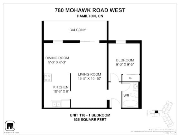 A floor plan for a unit at 780 Mohawk Road West in Hamilton, Ontario, Canada.