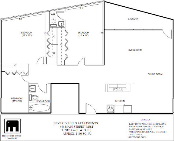 A floor plan for a apartment at Beverly Hills Apartments.