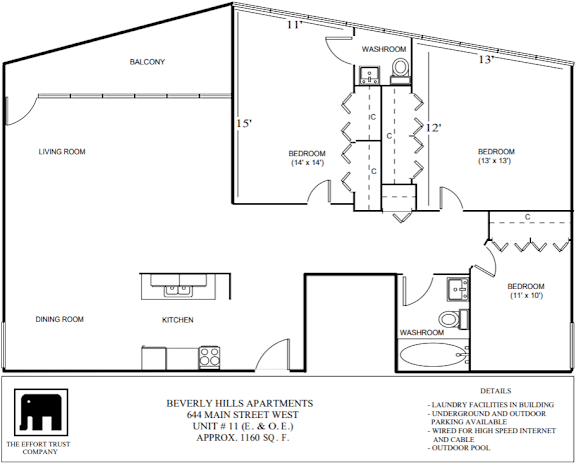 A black and white diagram of a floor plan for apartment living.