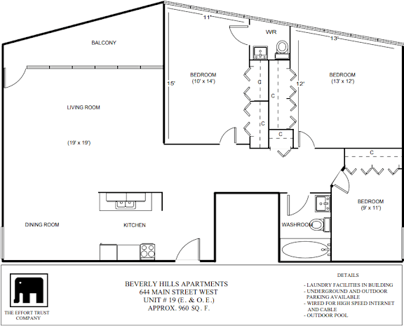 A floor plan for a property at 644 Main Street West shows a living room, two bedrooms, a dining room, a kitchen, and a laundry facility.