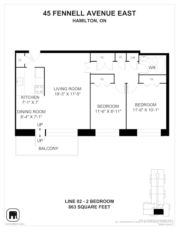 A drawing of a floor plan for a two bedroom apartment.