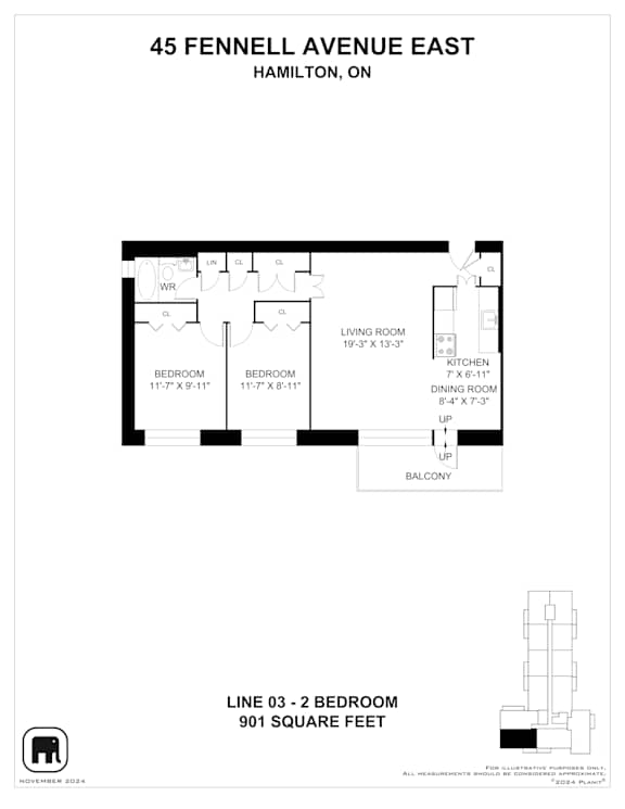 A floor plan for a 2 bedroom apartment at 45 Fennell Avenue East, Hamilton, ON.