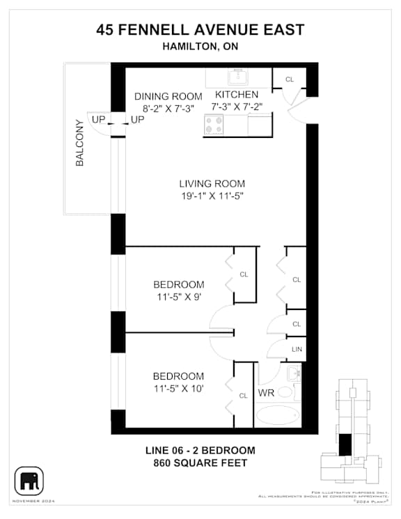 A floor plan for a two bedroom apartment at 45 Fennell Avenue East in Hamilton, Ontario.