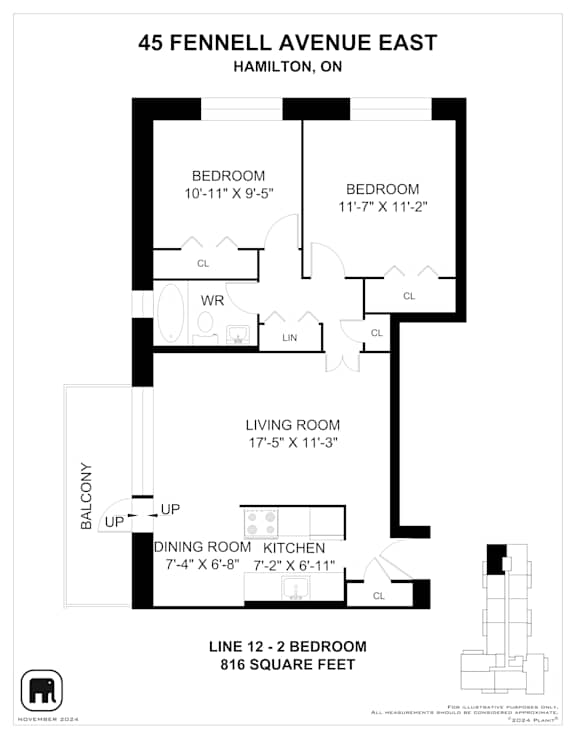 A floor plan for a 2 bedroom apartment at 45 Fennell Avenue East, Hamilton, Ontario.