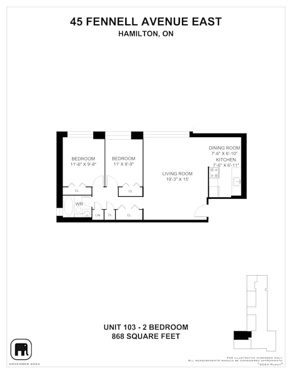 A floor plan for a 2 bedroom apartment at 45 Fennell Avenue East, Hamilton, ON.