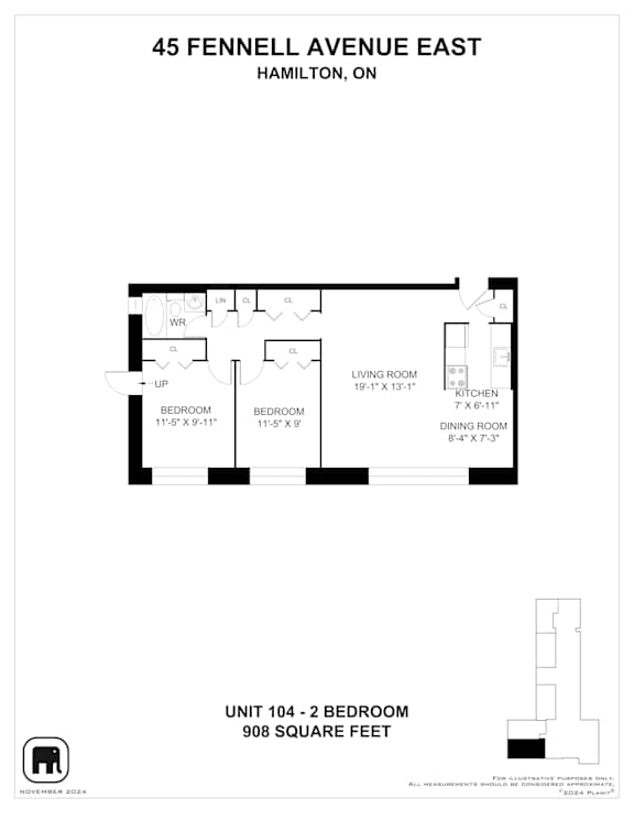A floor plan for a 2 bedroom apartment at 45 Fennell Avenue East, Hamilton, Ontario.