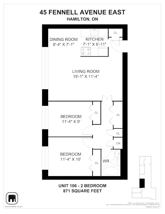 A floor plan for 45 Fennell Avenue East in Hamilton, Ontario showing the layout of the bedrooms, living room, dining room and kitchen.