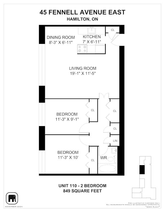 A floor plan for a 2 bedroom apartment at 45 Fennell Avenue East, Hamilton, Ontario.