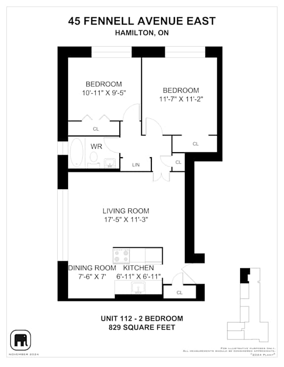 A floor plan for a 2 bedroom apartment at 45 Fennell Avenue East, Hamilton, Ontario.