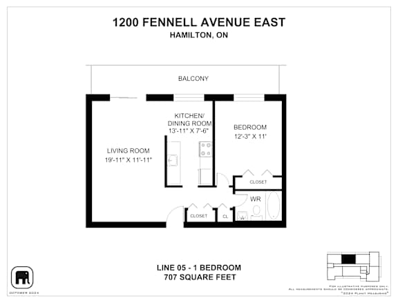 A floor plan for a 1 bedroom apartment at 1200 Fennell Avenue East, Hamilton, ON.