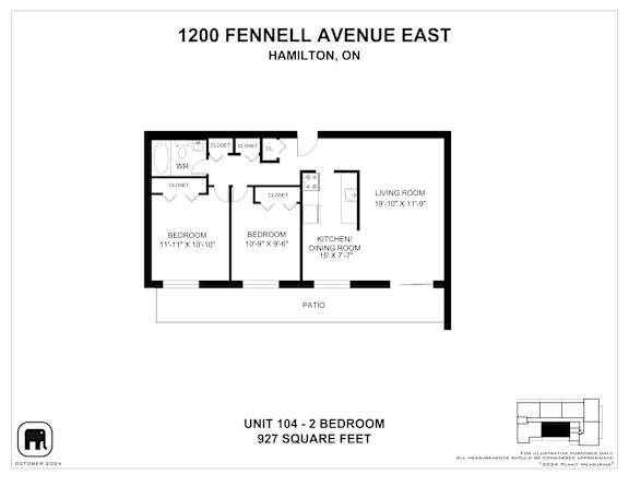 A floor plan for a 2 bedroom apartment at 1200 Fennell Avenue East, Hamilton, ON.