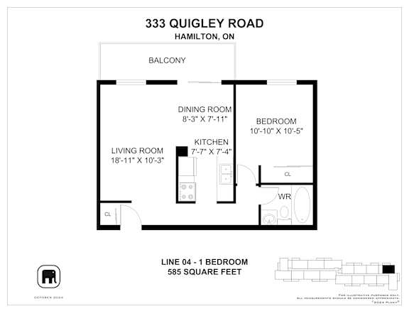 A floor plan for a home at 333 Quigley Road, Hamilton, ON shows a living room, dining room, kitchen, and two bedrooms.