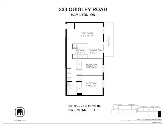 A floor plan for a property at 333 Quigley Road, Hamilton, ON shows a living room, two bedrooms, a kitchen, and a dining room.